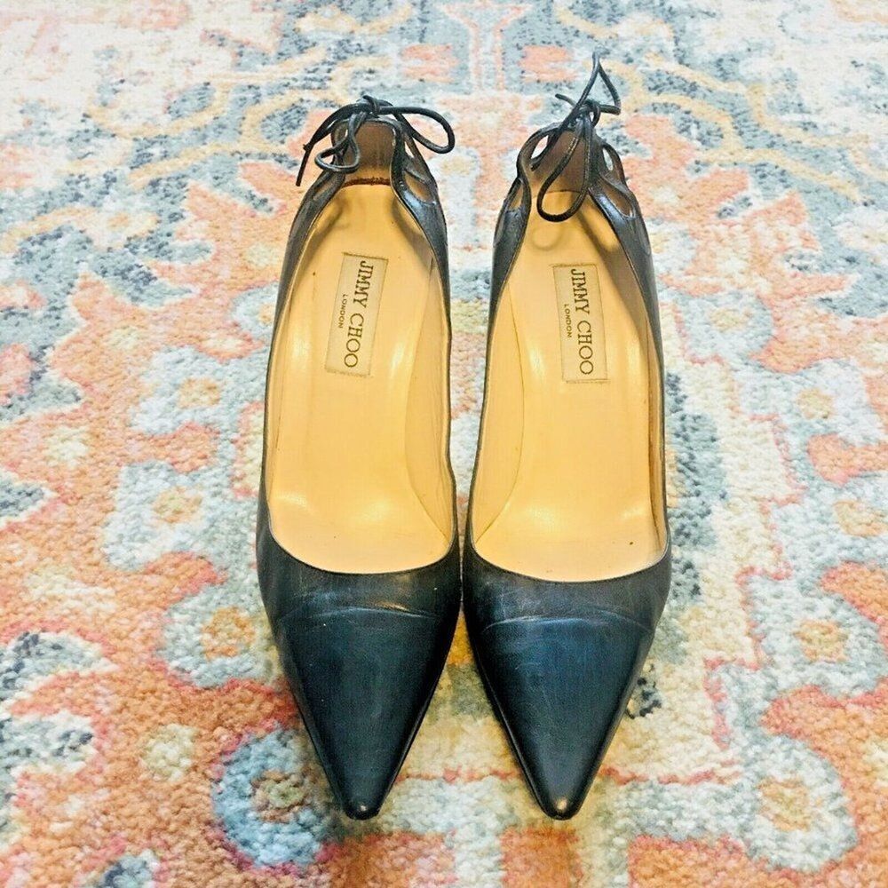 JIMMY CHOO Y2K Black Leather Bow Butterfly Cutouts Heels Pumps Shoes 37.5/7 - Picture 4 of 14
